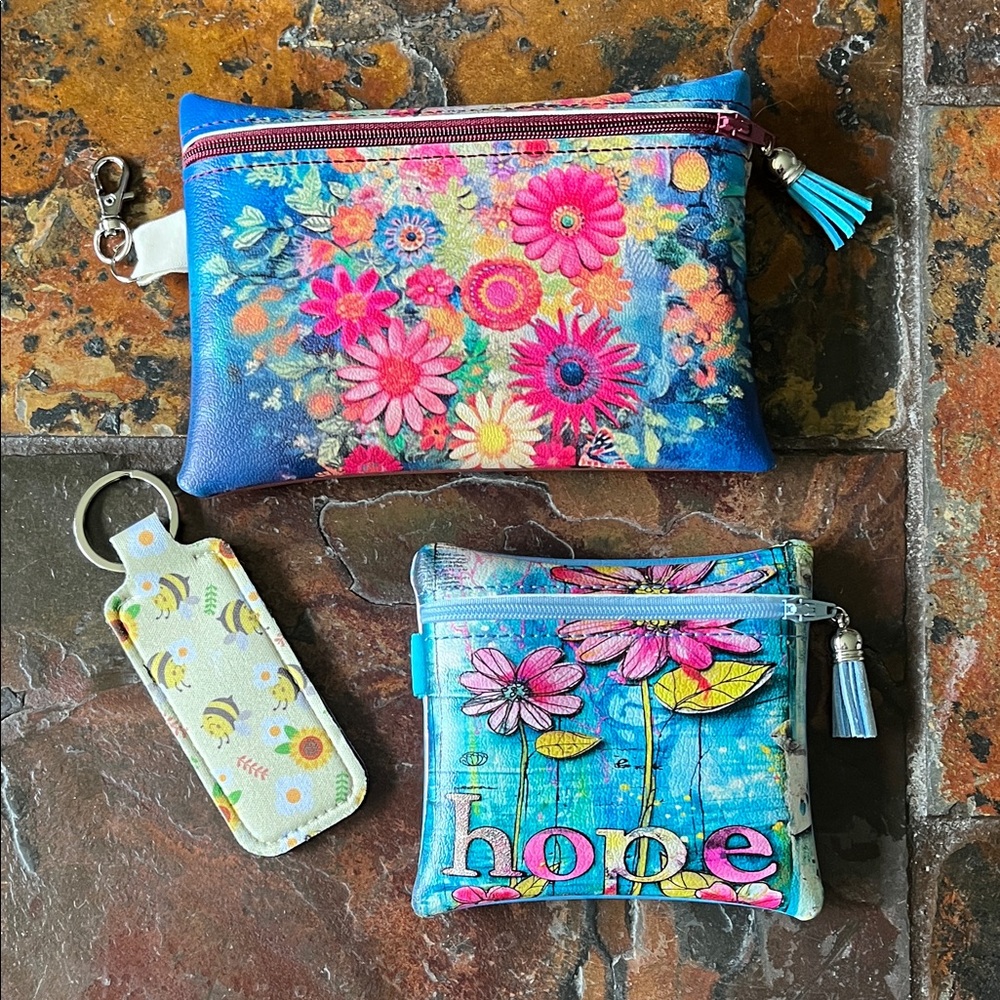 Bright Floral Zipper Pouch, Smaller Pouch with Hope and Lip Balm Holder set